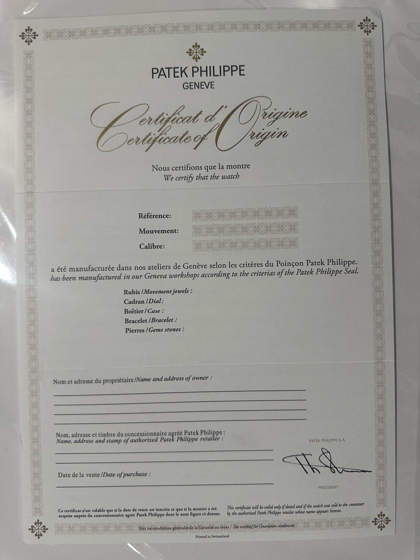 New Patek Philippe Certificate of Origin models 2017-2025 Guarantee