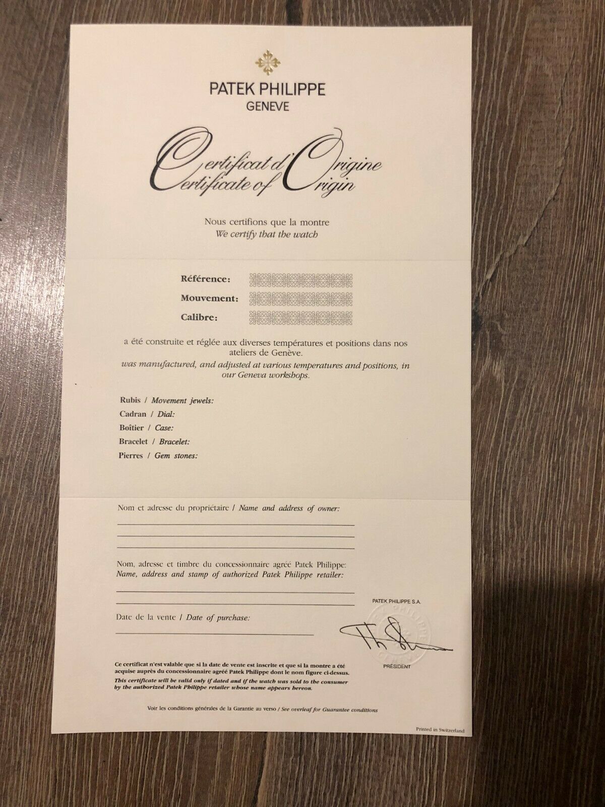 Patek Philippe Certificate of Origin Guarantee