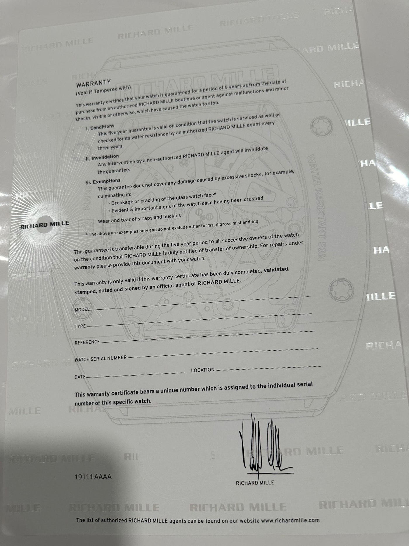 Richard Mille Certificate New