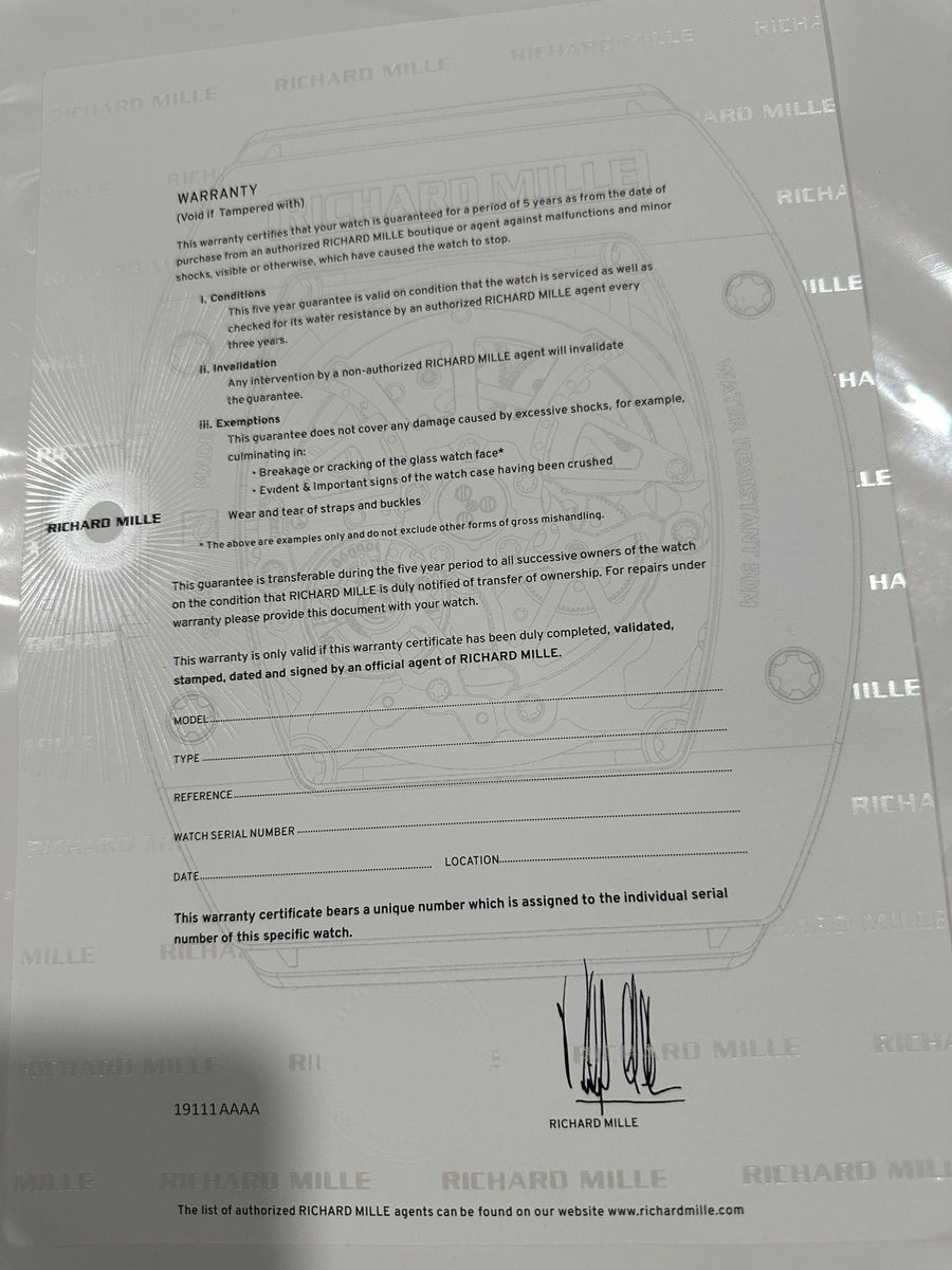 Richard Mille Certificate New