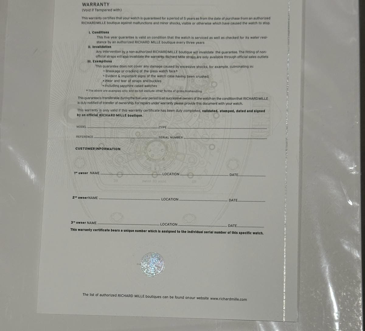 Richard Mille Certificate NEW 2025