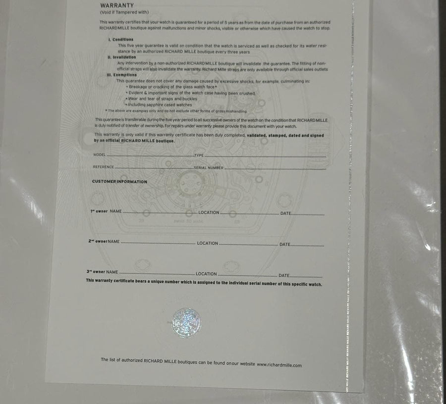 Richard Mille Certificate NEW 2025