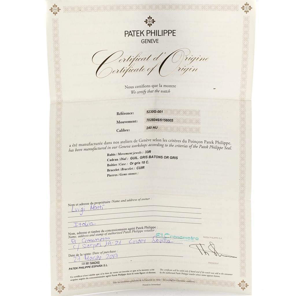 Patek Philippe Certificate of Origin -- Reference 5230G-001